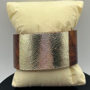 Textured Gold and Brown Carved Wooden Cuff Bracelet